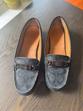 Coach Black Signature Canvas Loafers with Metal Plaque